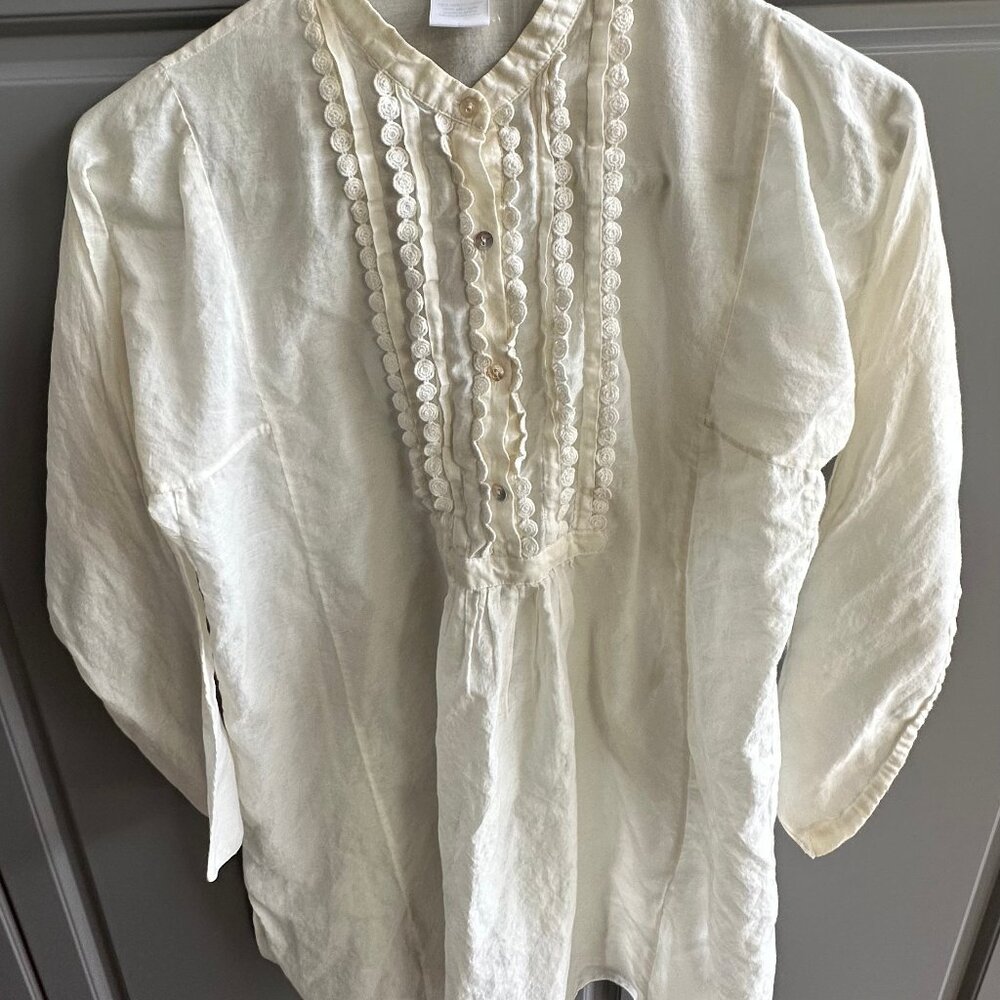 Joe Fresh Cream White Ruffle Button-Down Shirt | Size Medium | Cotton Silk Blend